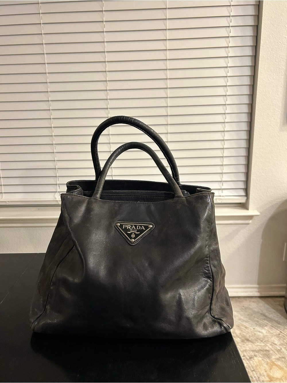 Prada Black Leather Satchel with Triangle Logo - Picture 6 of 8